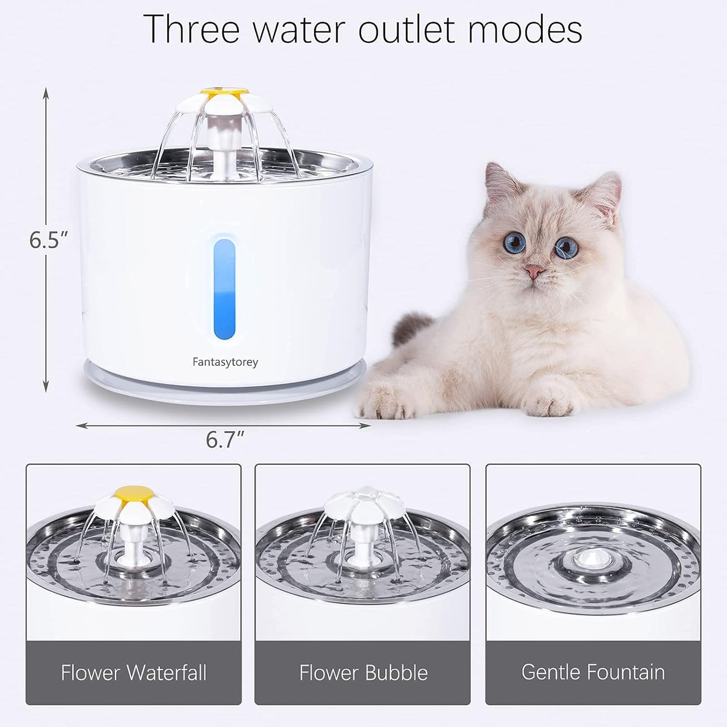 Cat Water Fountain with Stainless Steel Top, 81Oz Pet Water Fountain with LED Light, Cat and Dog Fountain with 2 Filters, 1 Mat and 2 Cleaning Brushes (Grey)