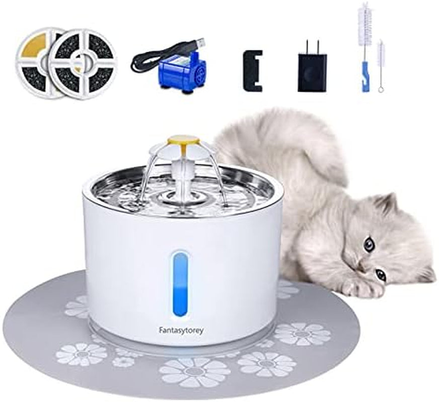 Cat Water Fountain with Stainless Steel Top, 81Oz Pet Water Fountain with LED Light, Cat and Dog Fountain with 2 Filters, 1 Mat and 2 Cleaning Brushes (Grey)