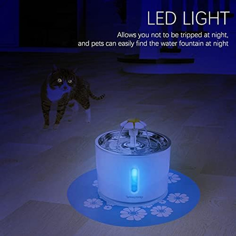 Cat Water Fountain with Stainless Steel Top, 81Oz Pet Water Fountain with LED Light, Cat and Dog Fountain with 2 Filters, 1 Mat and 2 Cleaning Brushes (Grey)