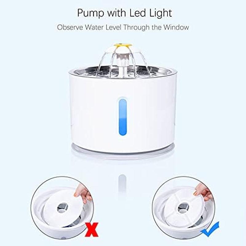 Cat Water Fountain with Stainless Steel Top, 81Oz Pet Water Fountain with LED Light, Cat and Dog Fountain with 2 Filters, 1 Mat and 2 Cleaning Brushes (Grey)