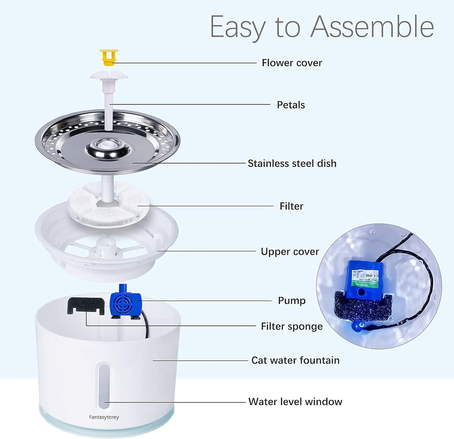 Cat Water Fountain with Stainless Steel Top, 81Oz Pet Water Fountain with LED Light, Cat and Dog Fountain with 2 Filters, 1 Mat and 2 Cleaning Brushes (Grey)