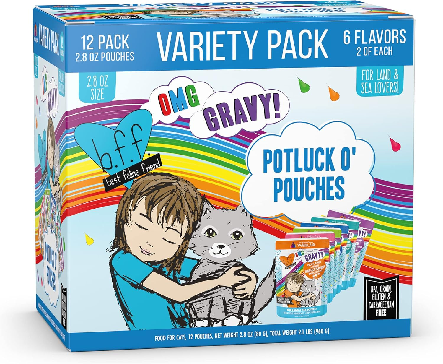 B.F.F. OMG - Best Feline Friend Oh My Gravy!, Variety Pack, Potluck O' Pouches, Wet Cat Food, 2.8Oz Pouches (Pack of 12)