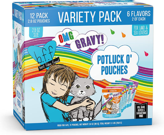 B.F.F. OMG - Best Feline Friend Oh My Gravy!, Variety Pack, Potluck O' Pouches, Wet Cat Food, 2.8Oz Pouches (Pack of 12)