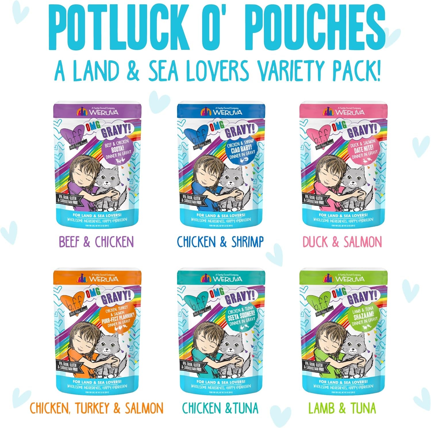 B.F.F. OMG - Best Feline Friend Oh My Gravy!, Variety Pack, Potluck O' Pouches, Wet Cat Food, 2.8Oz Pouches (Pack of 12)